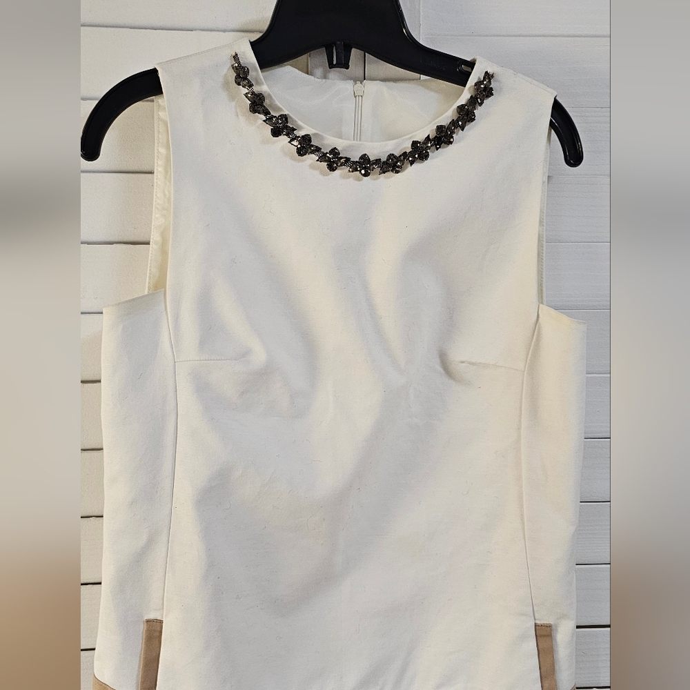 New Brand. Zara Basic White and Tan Dress with Beaded Collar
